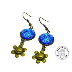 Blue Happy Face Earrings, Drop Dangle Bronze Boho Hippie Flower Power Accessory